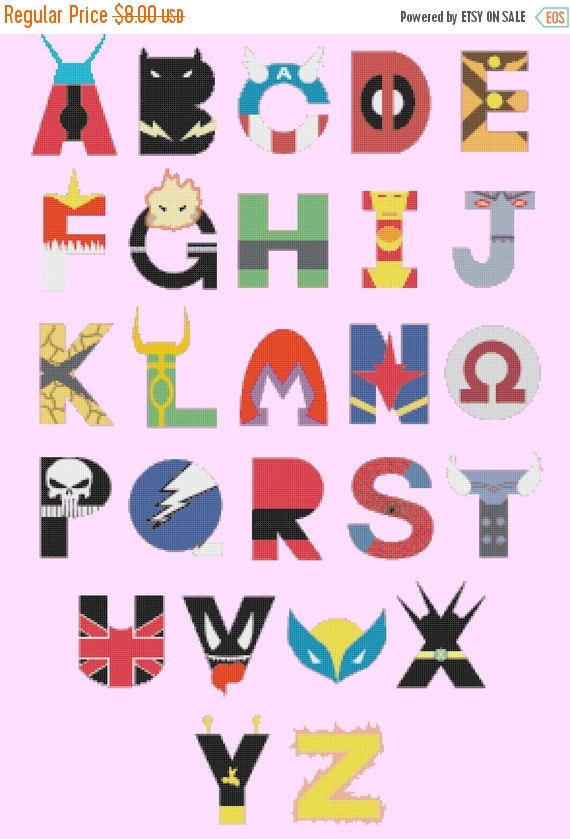 Alphabet inspired at Marvel - 248 x 383 stitches - Cross Stitch Pattern L632