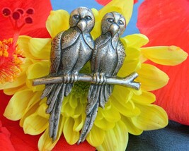 Vintage parrots brooch pin 2 lovebirds branch sterling silver figural thumb200