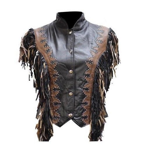 Western Wear Women's Black/Brown Cowhide Leather Vest with Fringes ...