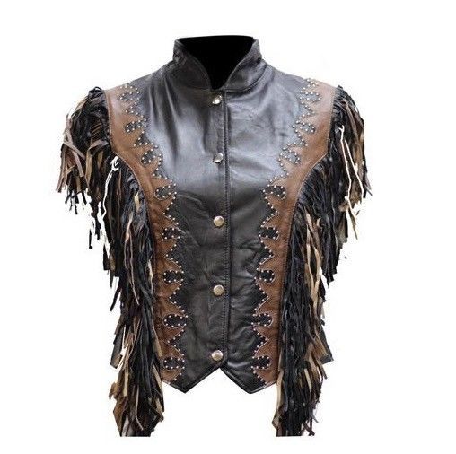 Western Wear Women's Black/Brown Cowhide Leather Vest with Fringes