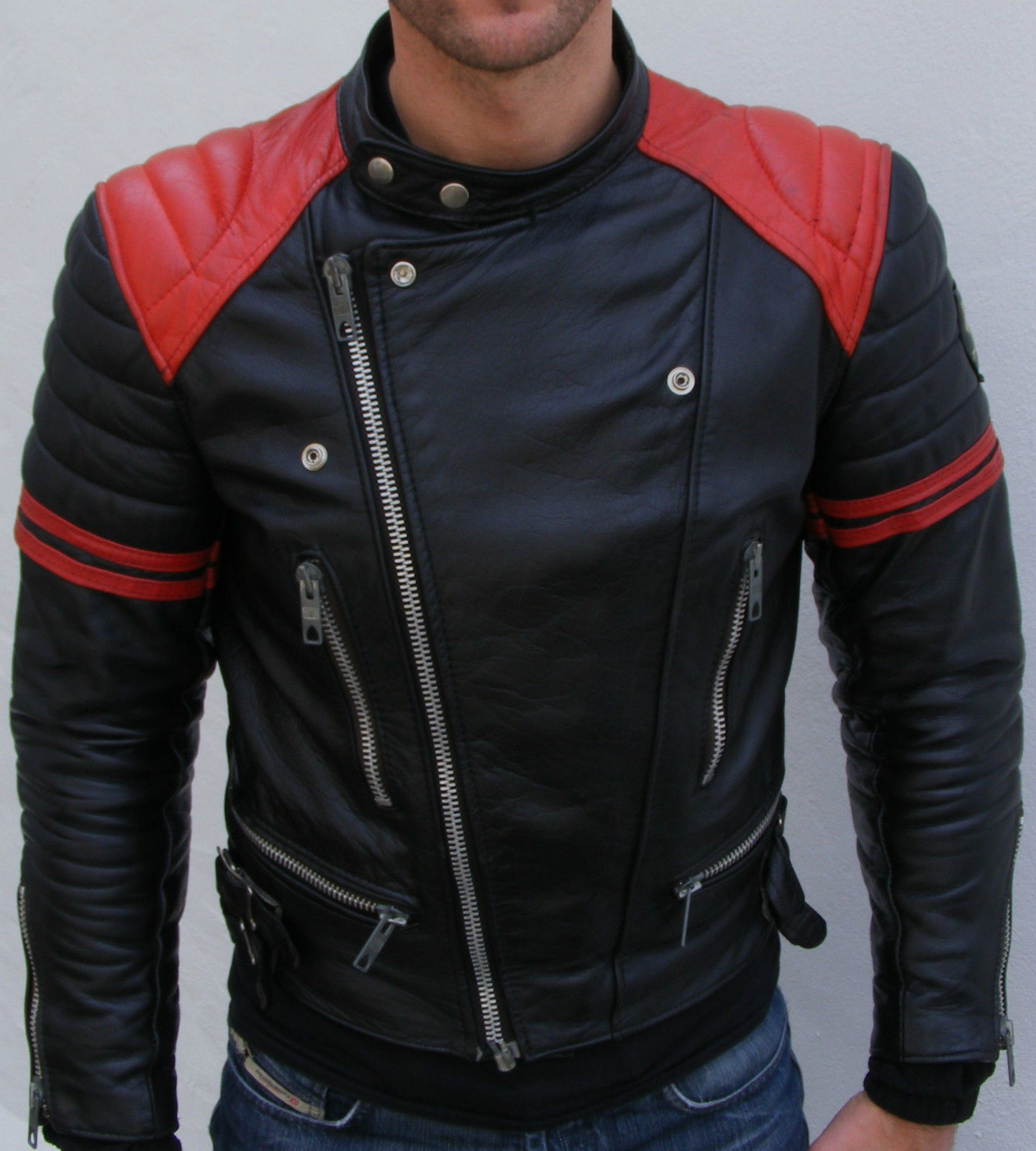 Mens Black Red Biker Brando Leather Jacket Red shoulder Padding with YKK zip Outerwear