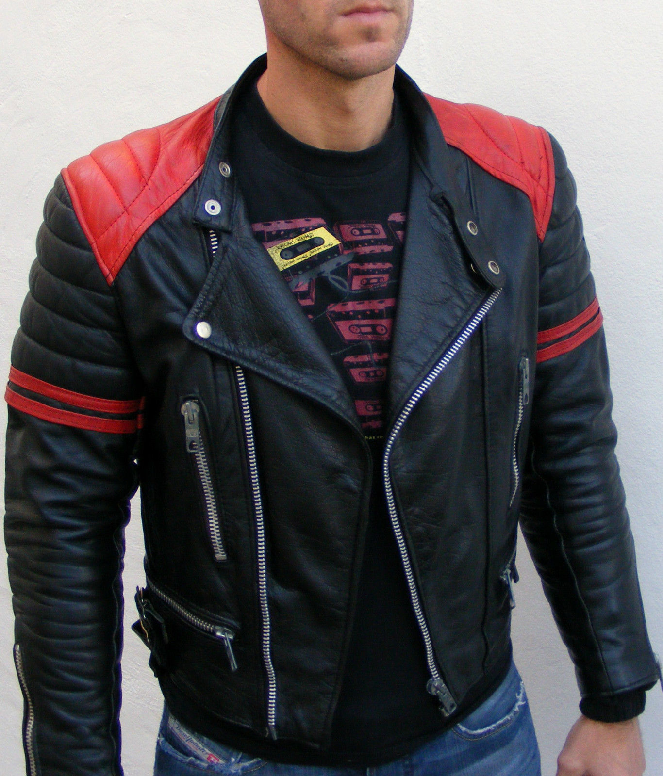 Mens Black Red Biker Brando Leather Jacket Red shoulder Padding with