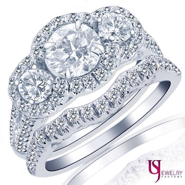 2.38ct Round 3 Stone Halo Diamond Matching Wedding Engagement Bands Set 14k Gold - $4,859.91