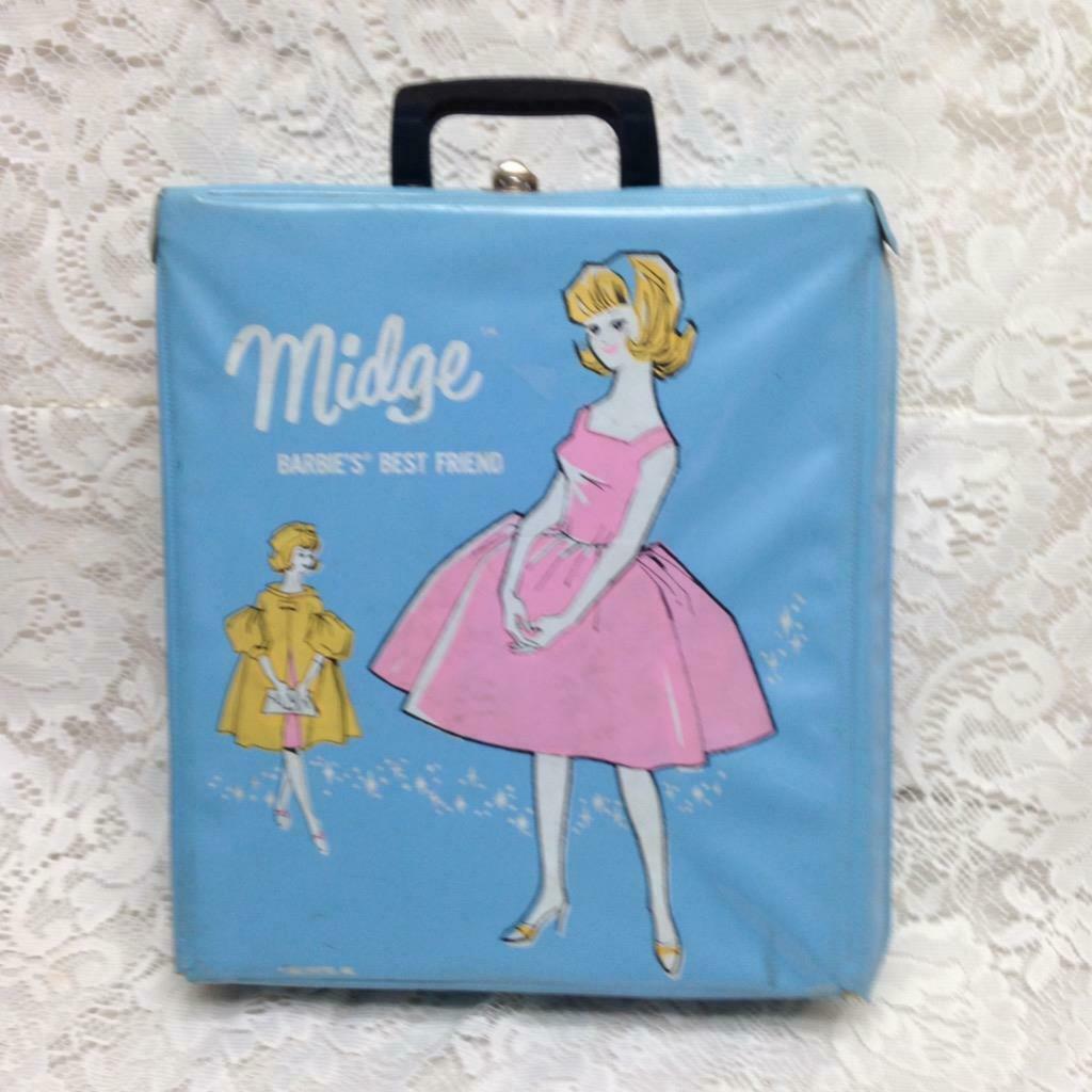 1963 Vintage Blue Vinyl Midge - Barbies Best Friend Carrying Case with Doll- Dolls, Clothing