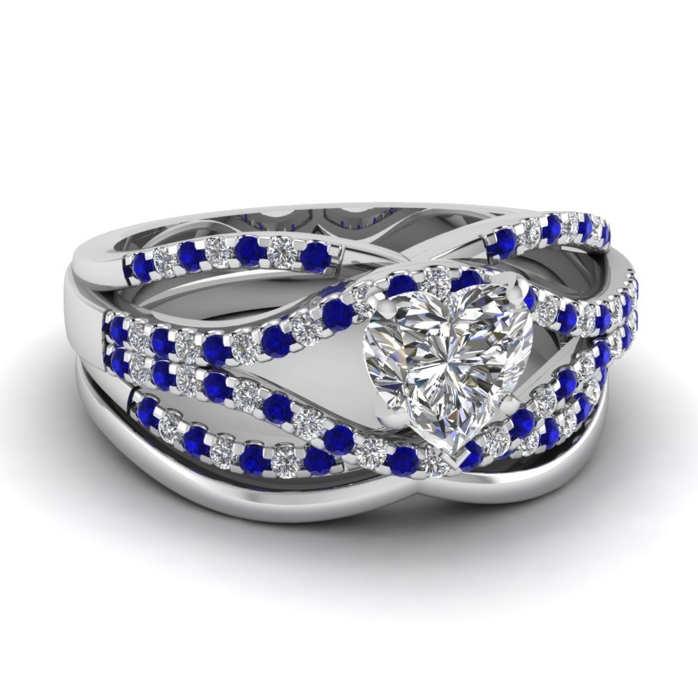 1.65 Ct Heart Shaped CZ Crossover Ring Set W/ Blue Sapphire 14K White Gold Fn