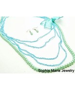 Victorian aqua blue elegant pearl ribbon layered necklace set costume je... - $11.88
