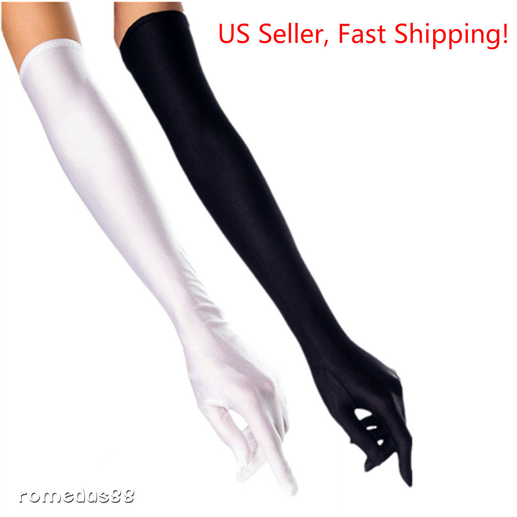 DH Women's Evening Gloves 22  Long White / Black Satin Finger Gloves - 2 Pairs