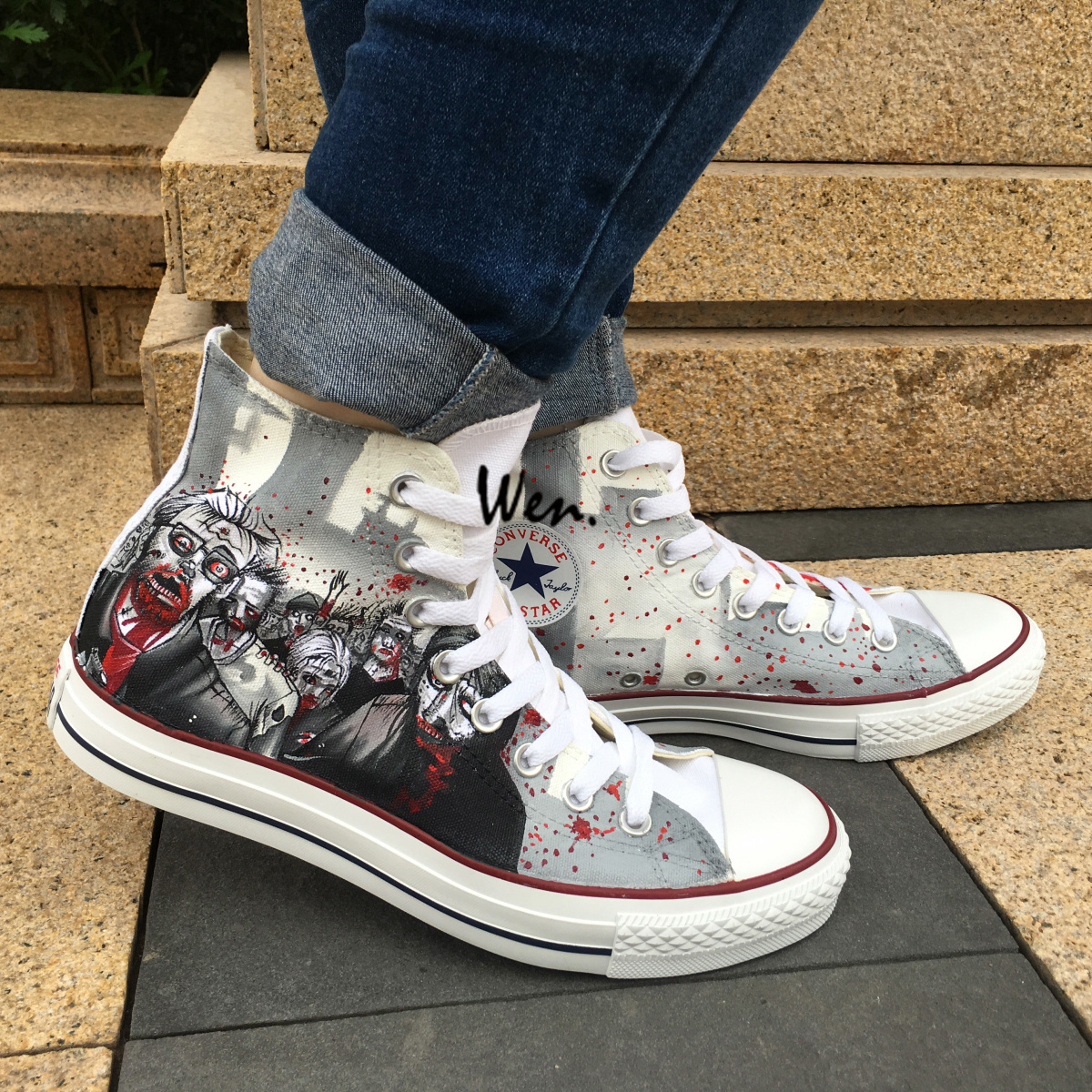 Converse/fashion - Hand painted shoes zombies walking dead converse all star high top canvas shoes