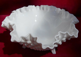 Fenton Glass Art Hobnail Milk Bowl 3 Feet 7 1/2" Ruffled White Candy Signed - $15.98