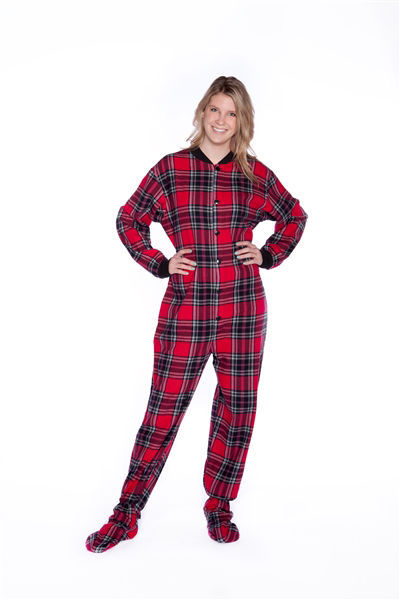 Red And Black Plaid Cotton Flannel Adult Footie Pajamas Onesie Footed Pajamas Sleepwear And Robes 9918