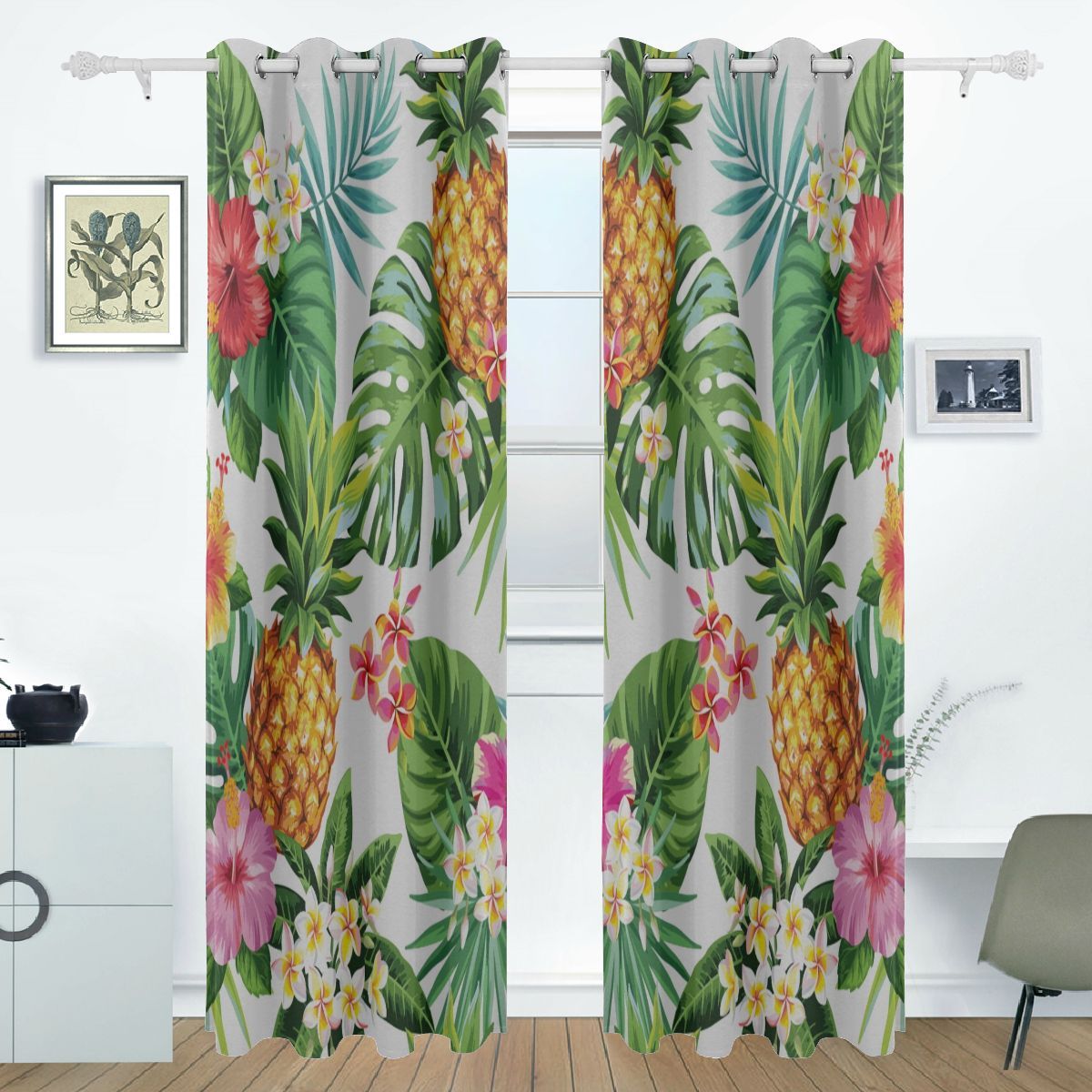 Side Window Curtains Tropical Palm Tree Leaves Pineapple Print Hotel ...