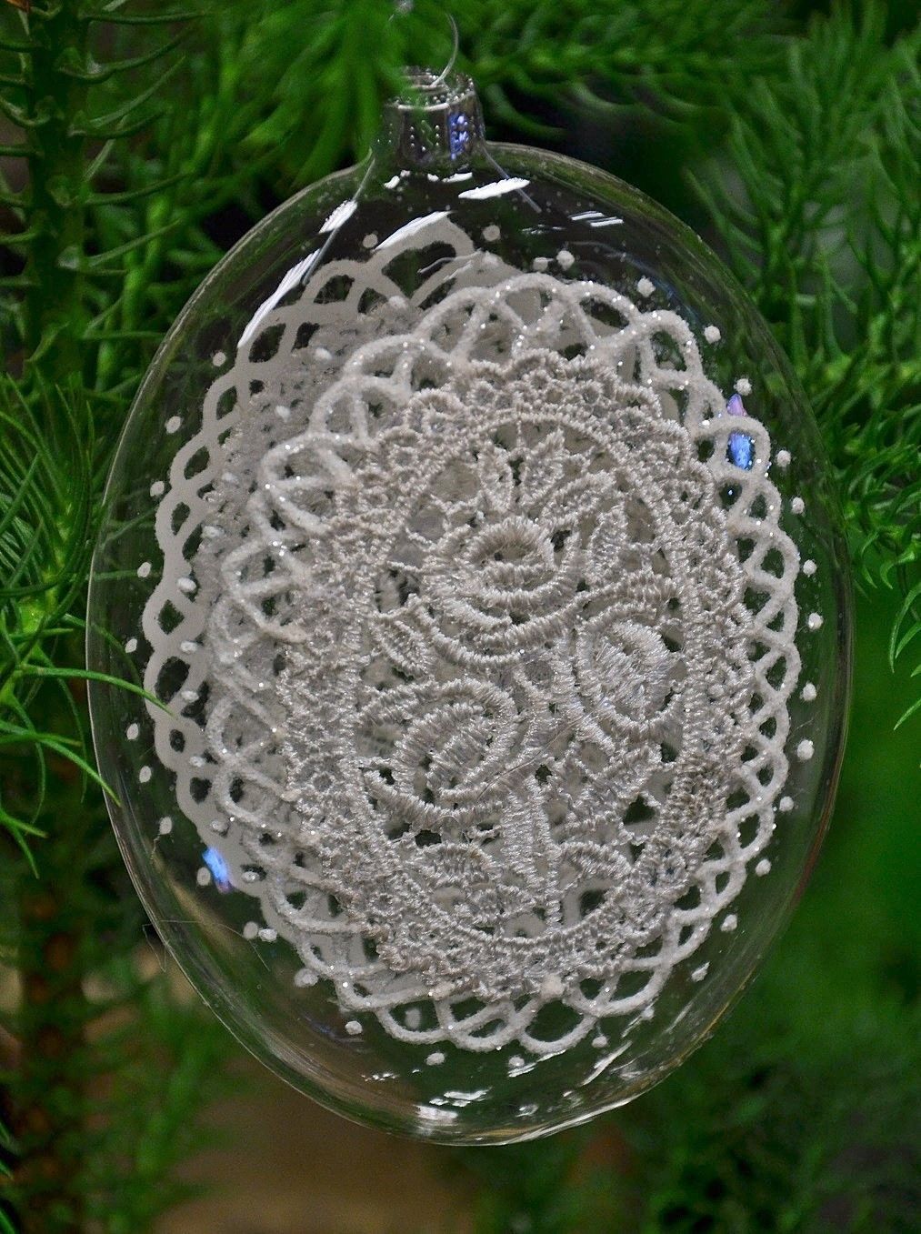 NEW Clear Glass Flat Oval Bauble With Laces, Christmas Ornament