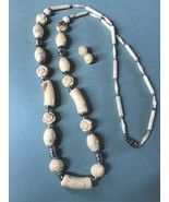 Vintage Demi Carved Rose Flower &amp; Barrel Plastic Bead Necklace &amp; Post Ea... - $24.13