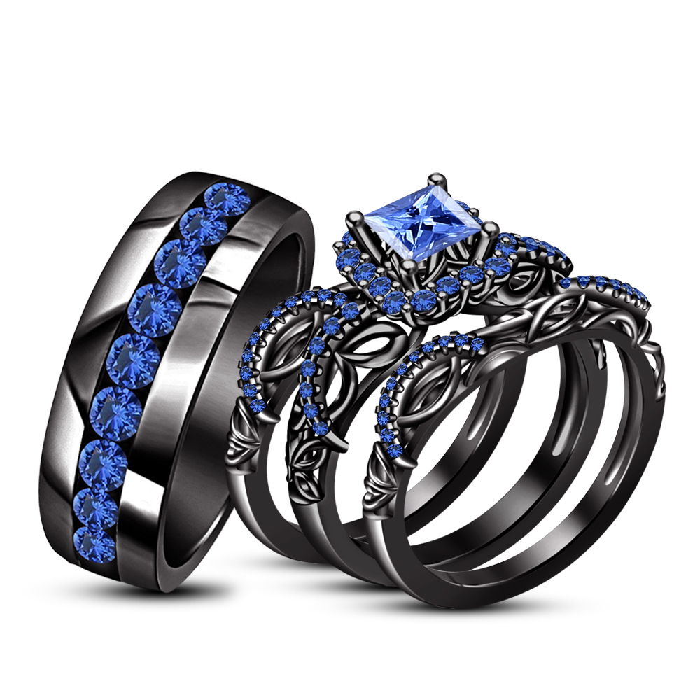His & Hers Wedding Ring Set 14k Black Gold FN Princess Blue Sapphire