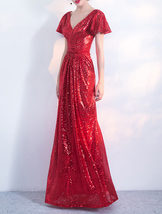 Women Sequin Maxi Dresses Cap Sleeve High Waist Maxi Sequin Dress Gold Red Black image 2