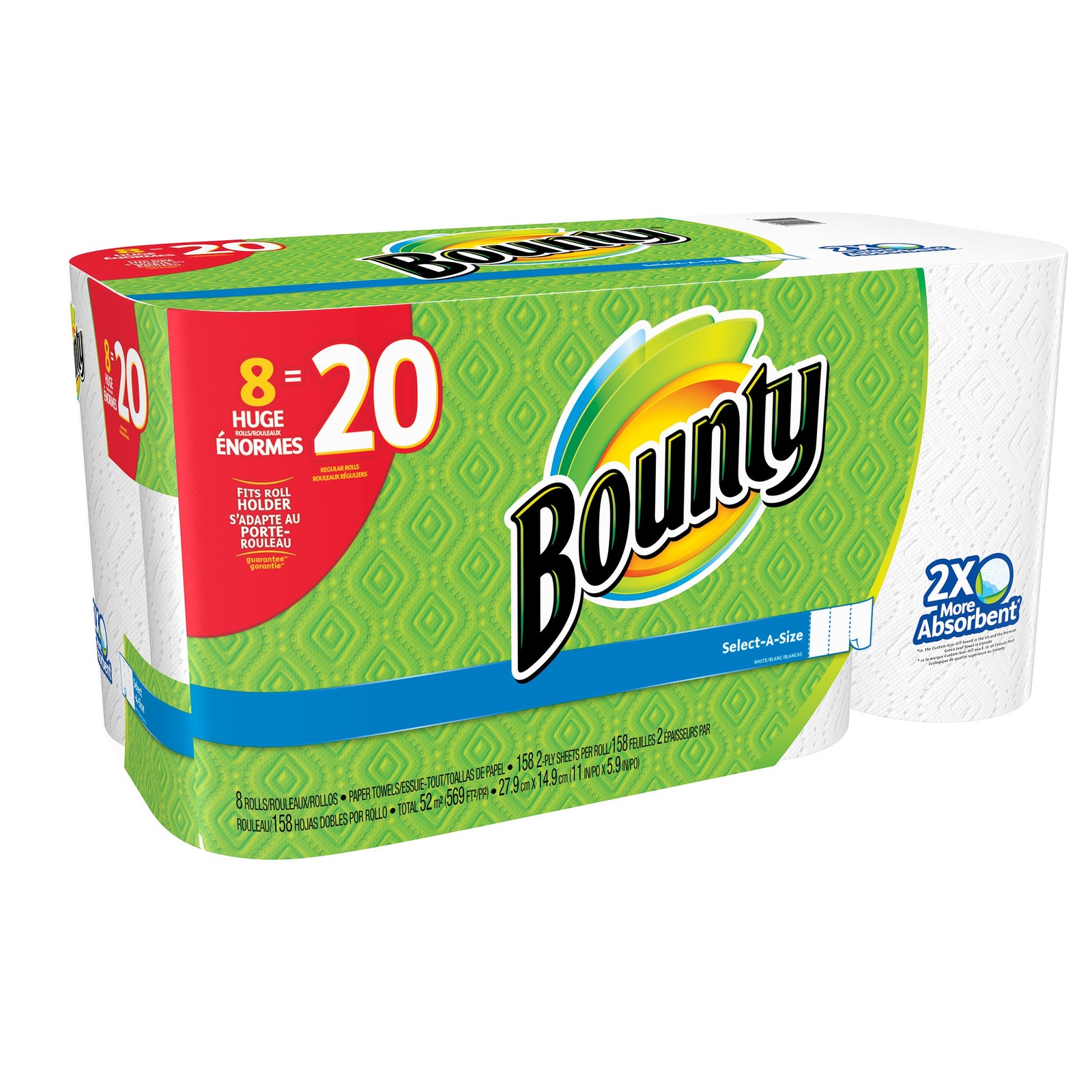 Bounty Paper Towels 8 Doubles Plus = 20 Regular Rolls White Select-A ...