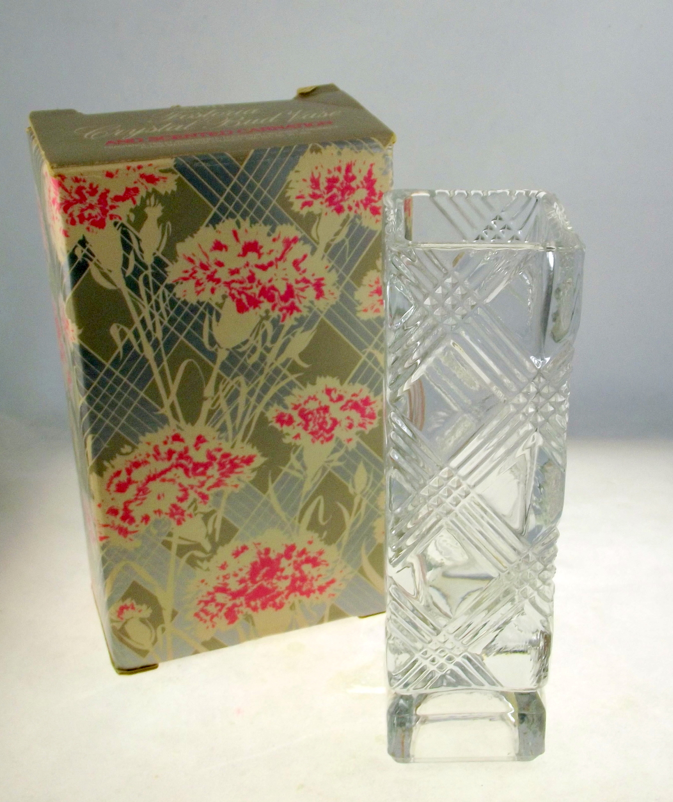 Vintage Fostoria Avon crystal square bud vase with faux carnation Vases