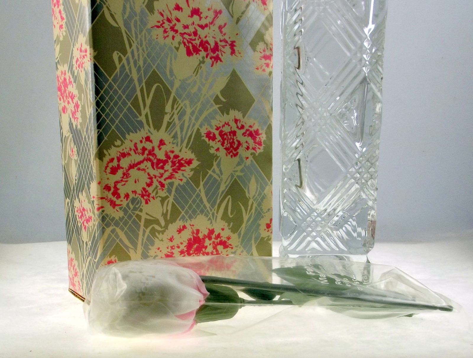 Vintage Fostoria Avon crystal square bud vase with faux carnation Vases