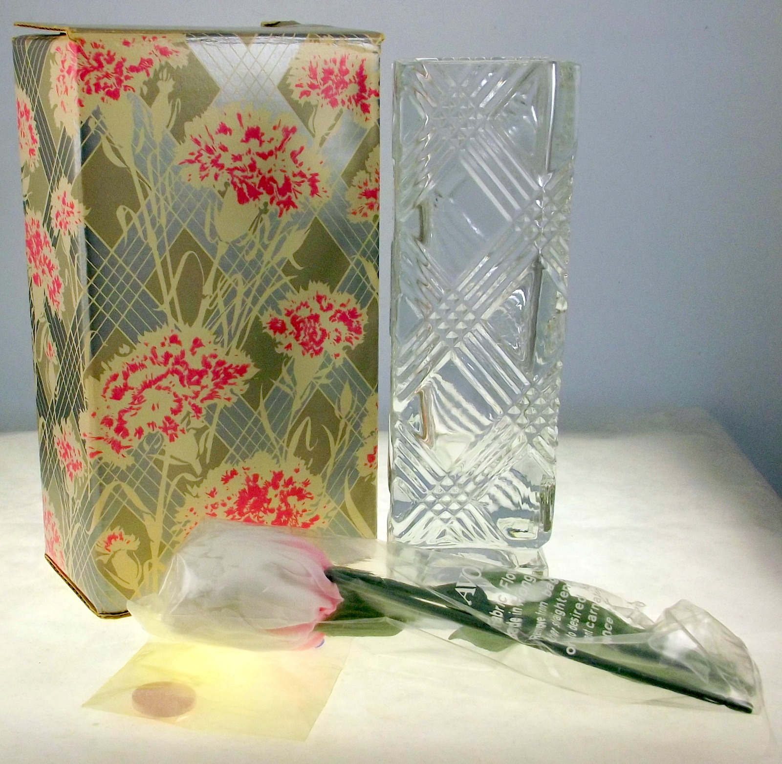 Vintage Fostoria Avon crystal square bud vase with faux carnation Vases