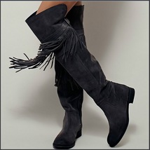 Rustic Fringed Full Grain Suede Leather Zip Tall Knee High Tassel Cowgirl Boots image 3