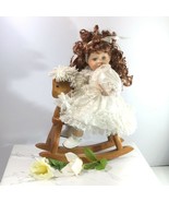 12” Porcelain Doll &amp; wooden Rocking Horse Long Red Curls Green Eyes Hand... - $39.59