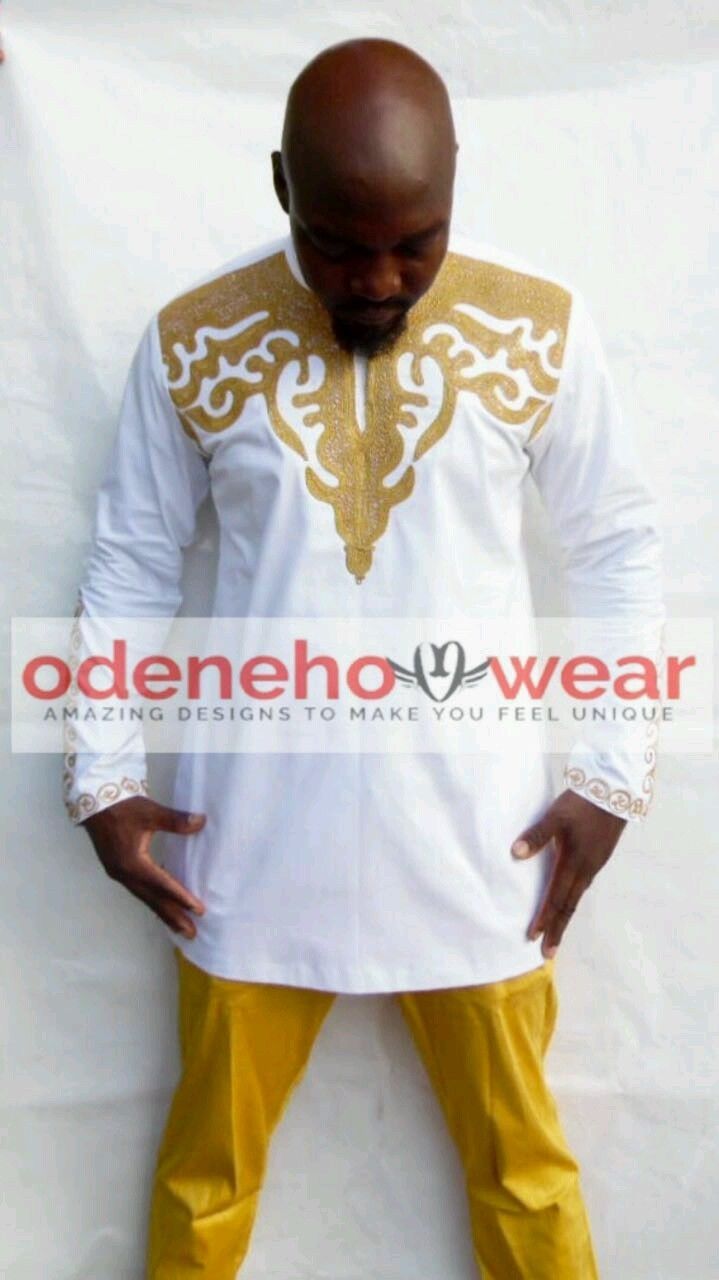 Odeneho Wear Men's White Polished Cotton Outfit/ Embroidery.African Clothing. 