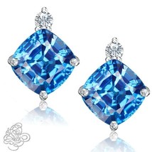 0.02CT Womens Stylish Diamond Cushion Blue Topaz Birthstone Stud Earrings Silver - $45.49