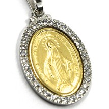 18K YELLOW WHITE GOLD ZIRCONIA MIRACULOUS BIG 30mm MEDAL VIRGIN MARY MADONNA image 1