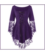 Purple Plus Size Gothic Lace Up Front Flare Sleeves Irregular Extended L... - $84.95