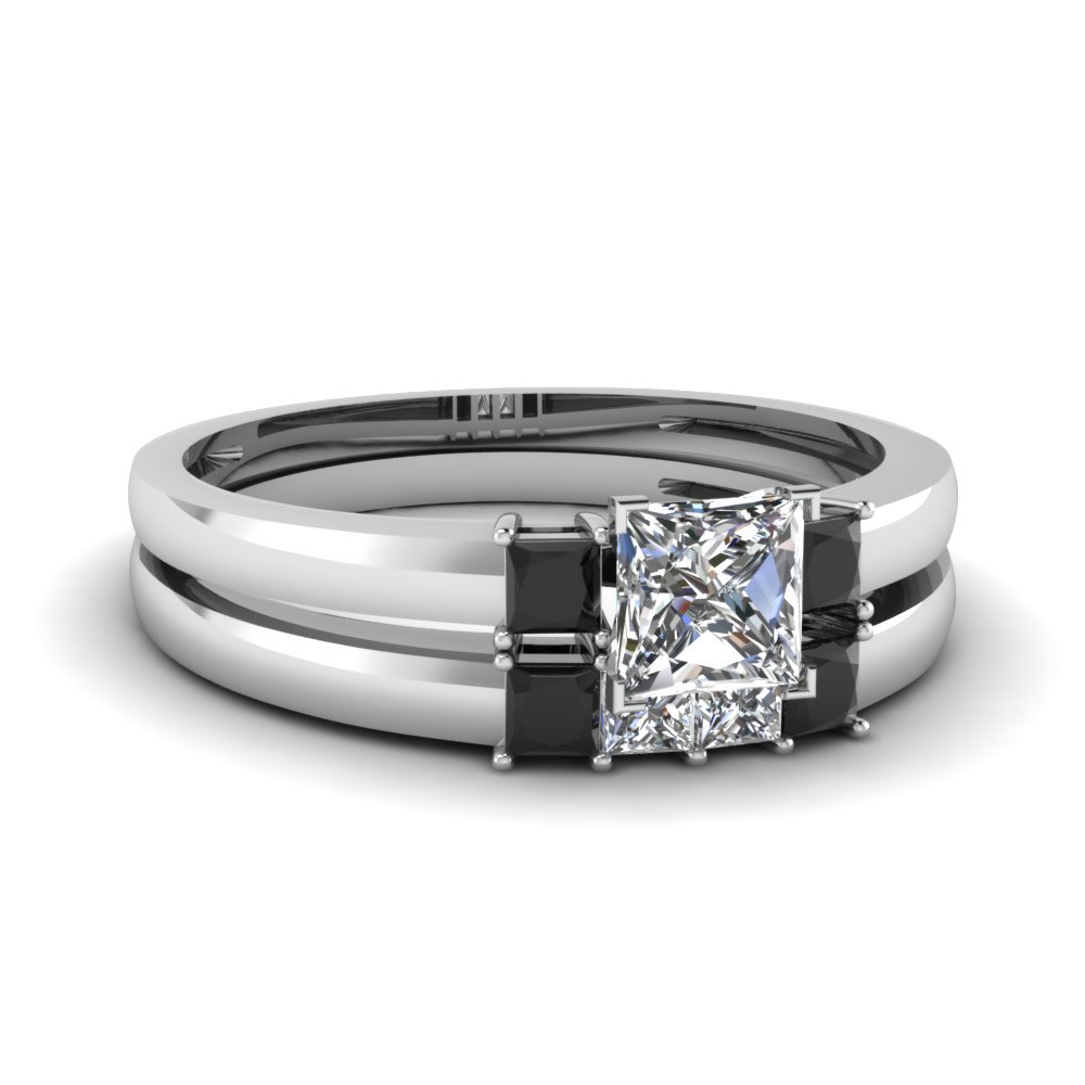 Princess Cut Black & White CZ Sleek Satin Wedding Ring Set 14k White Gold Finish