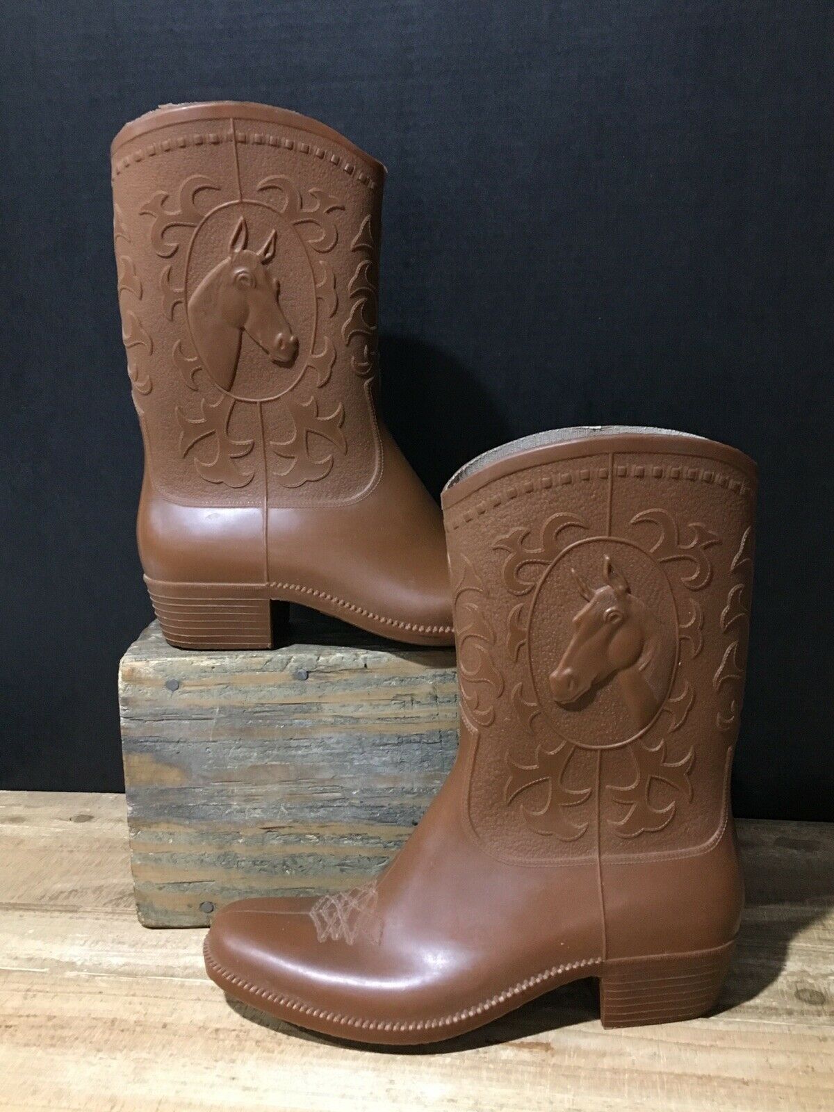 Vintage DURAMIL Men's rubber brown, western cowboy rain boots, Sz. 27 Boots
