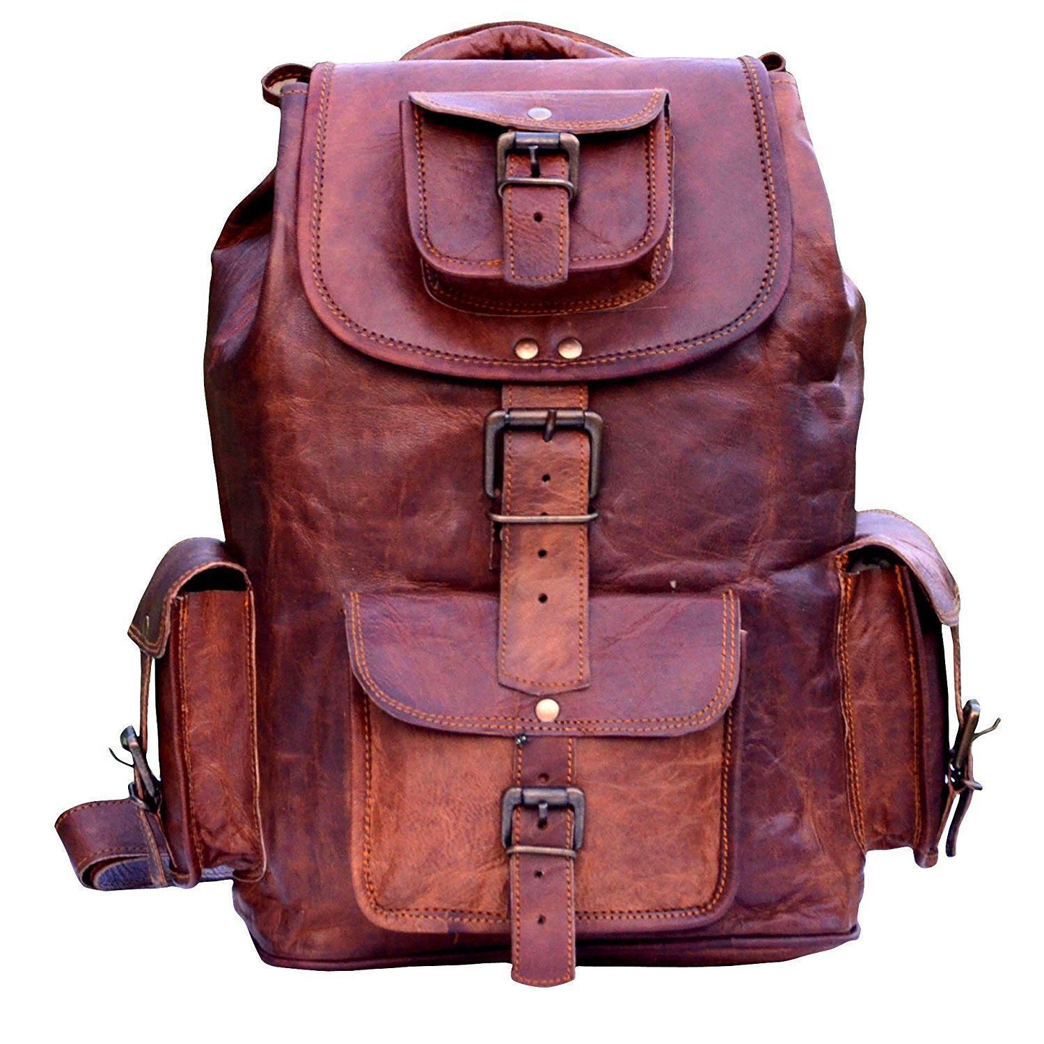 Large Vintage Style Real Genuine Leather Bag Rucksack Backpack Dark