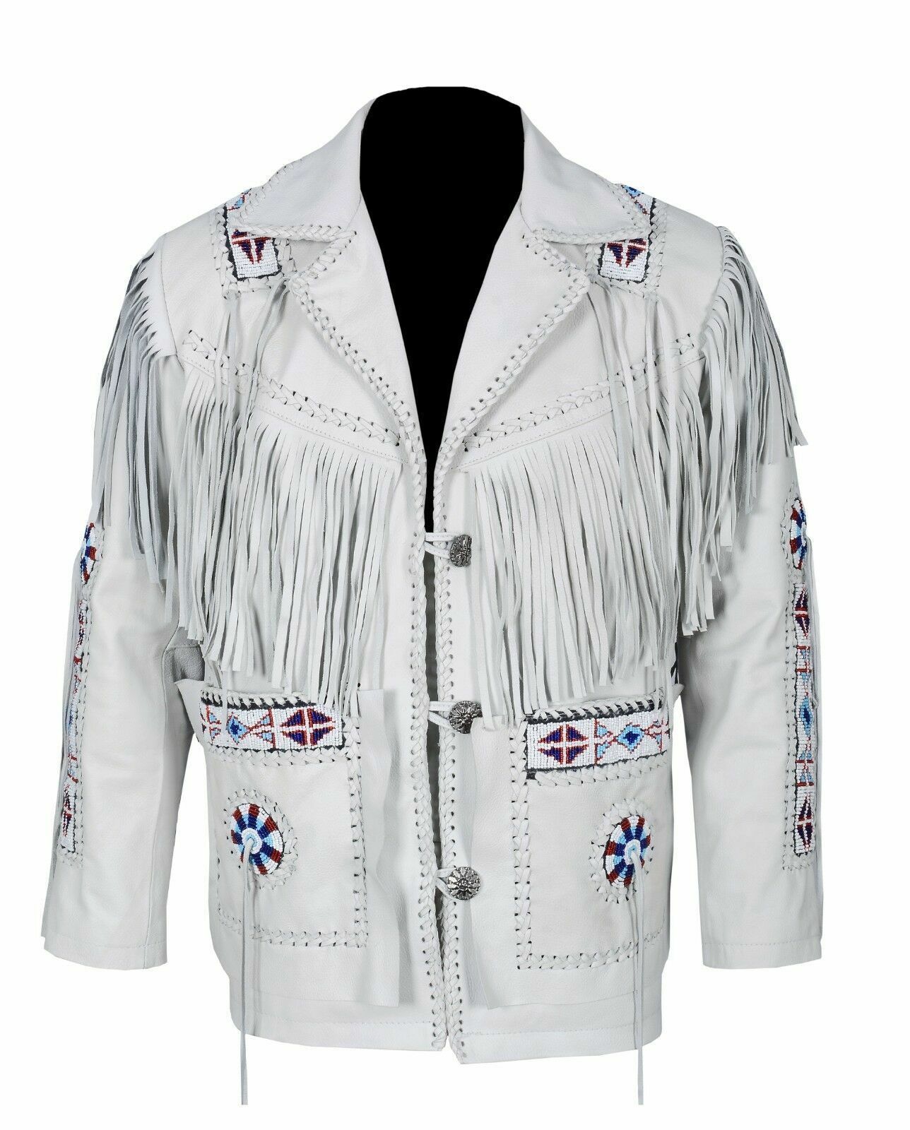 White Western Style Genuine Finished Cow Leather Bead Patches Fringed Jacket