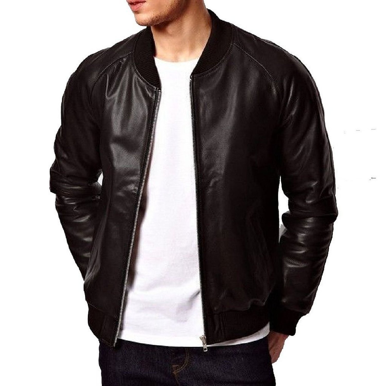 Mens Leather Jacket Black Bomber Style Simple Decent Leather Jacket ...