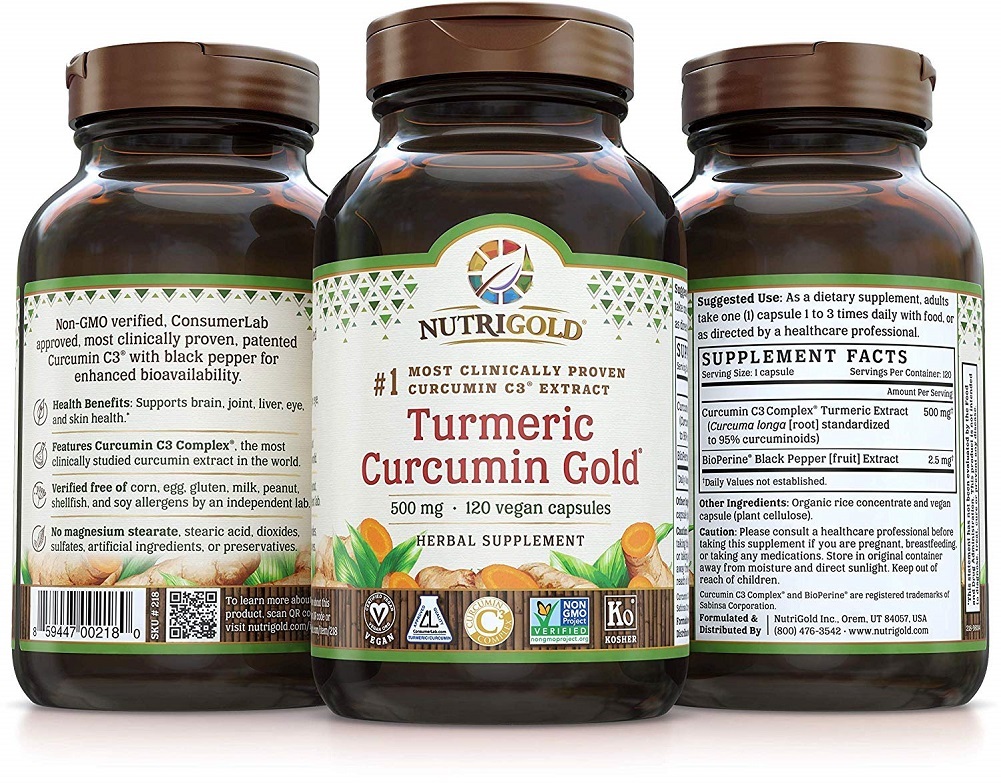 NutriGold Turmeric Curcumin Gold C3 Complex w/BioPerine), 500 mg, 120 Capsules