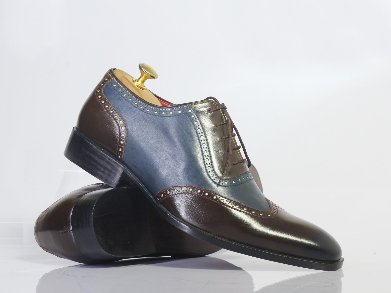 Handmade Men Blue Brown Wing Tip Leather Lace Up Shoes, Men Designer Luxury Shoe