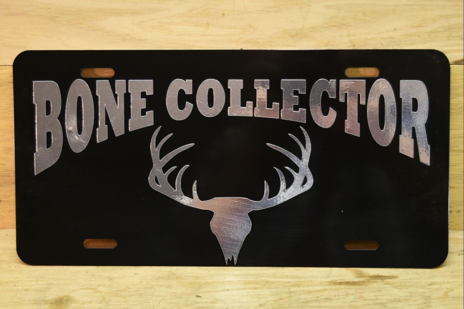 BONE COLLECTOR License Plate Metal Car Tag Chrome Letters Deer Hunter Whitetail License Plate