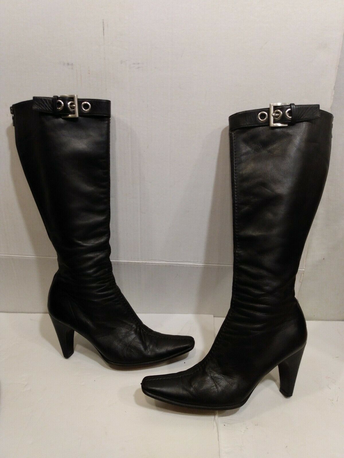 Primary image for PRADA Full Zip Leather Knee High Heel Boots Buckle Top Italy Size 36.5 EU