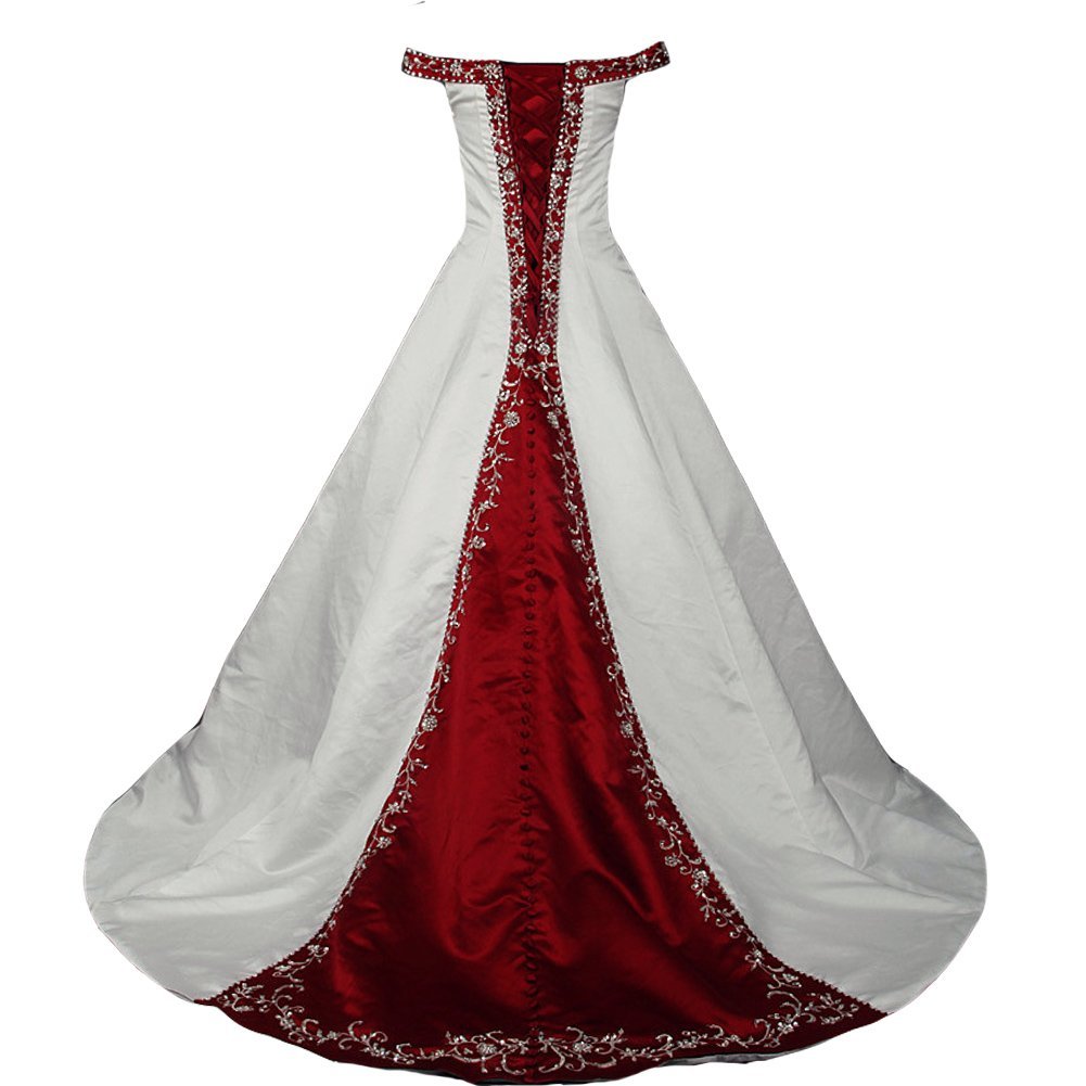 Silver Embroidery Beaded A Line White and Wine Red Wedding Dresses Off Shoulder
