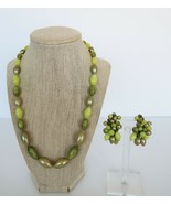 Vtg multi tonal green plastic bead necklace &amp; cluster clip on earrings set - $19.99