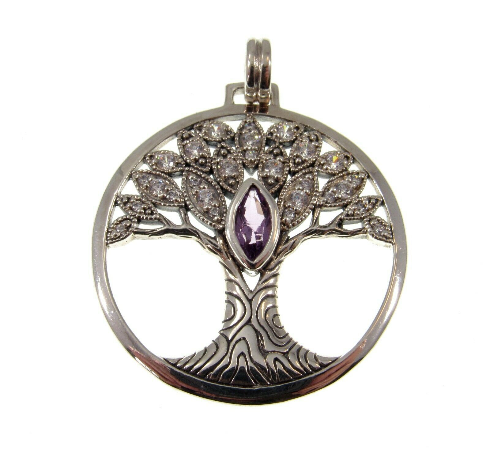 Solid 925 Sterling Silver Wondrous Tree of Life Pendant With Faceted Gemstone
