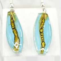 Handmade Recycled Fused Glass Blue & Brown Oval Surf Hook Earrings Made Ecuador image 2