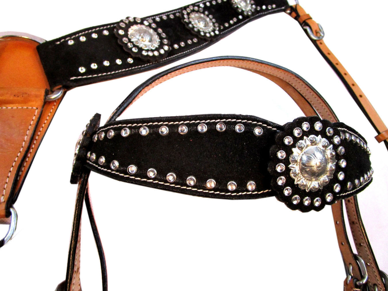 BLACK HEADSTALL BREAST COLLAR SET SHOW WESTERN RACER BARREL HORSE TACK