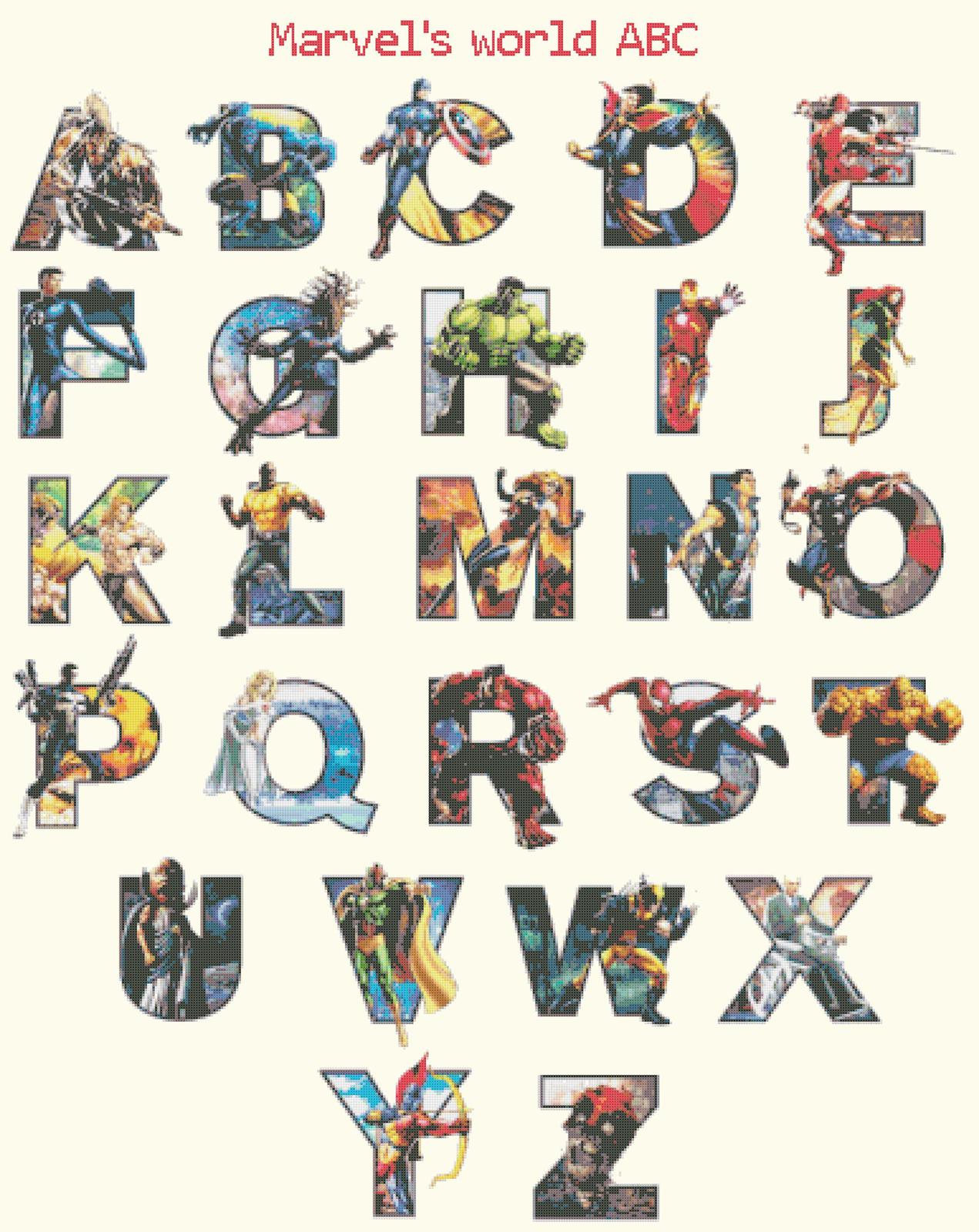 Counted cross stitch pattern alphabet marvel ABC chart 376x478 stitches BN1554