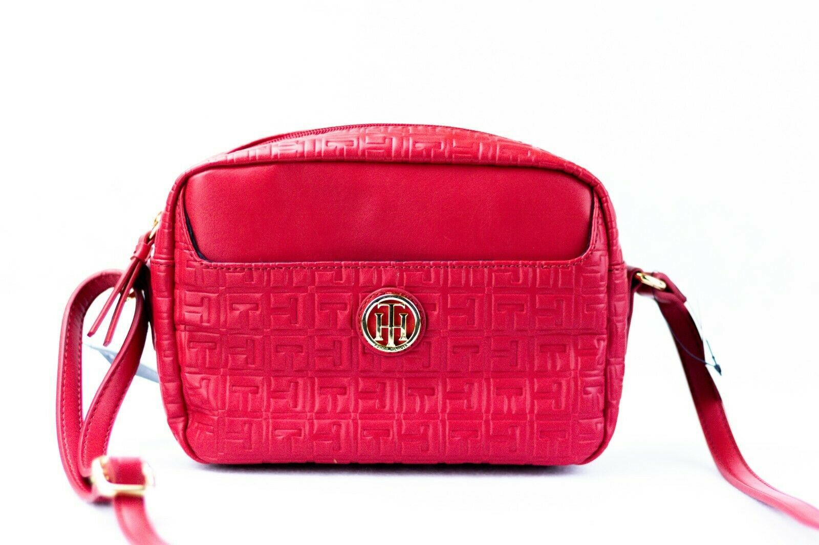 Tommy Hilfiger Red Leather Logo Embossed Crossbody Handbag With ...