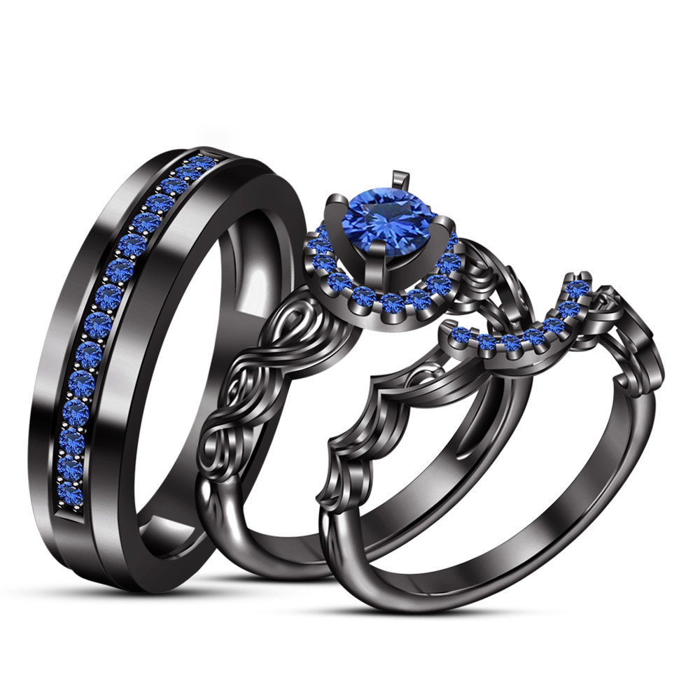Black Gold Finish Blue Sapphire Wedding His & Her Band Ring Trio Set ...