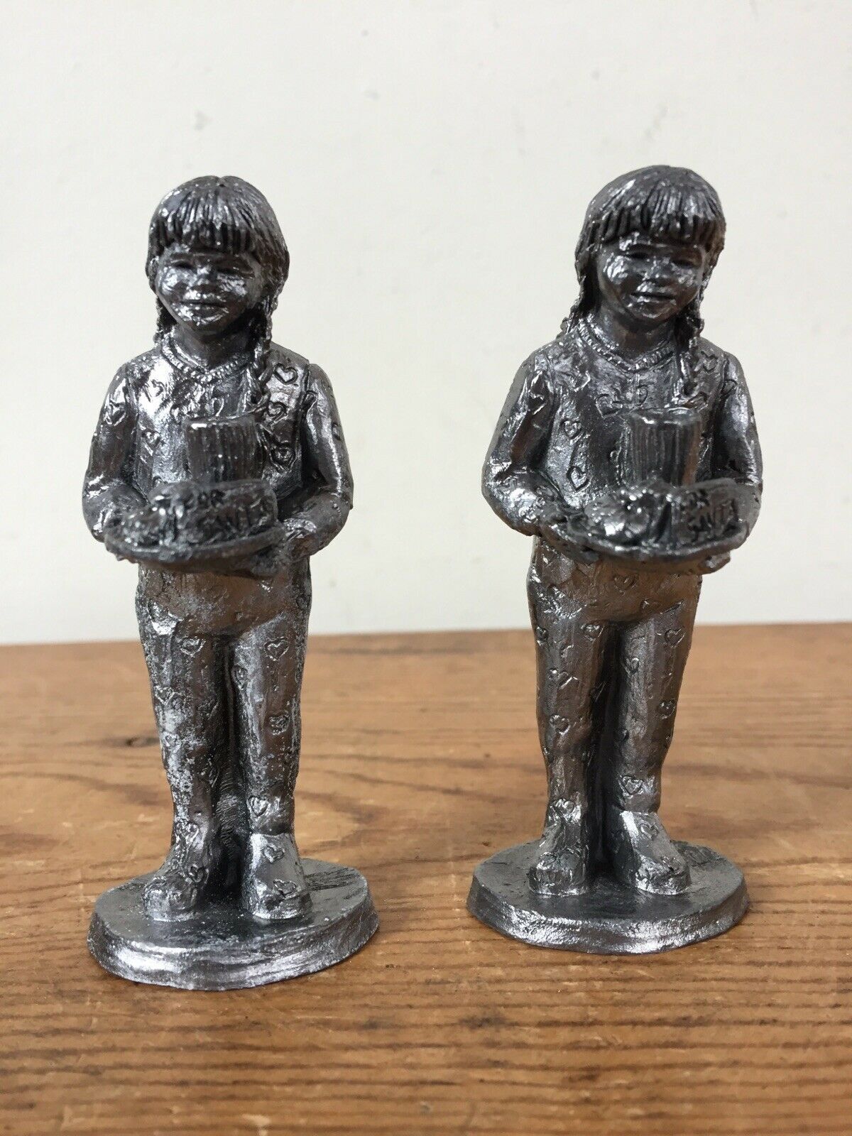Primary image for Pair Vtg Michael Ricker Pewter Santa Cookies Girls Figurines Handcrafted USA