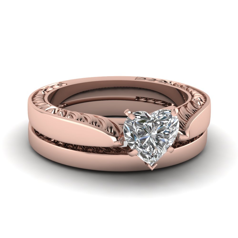 Heart Shaped Cubic Zirconia Recurred Flake Wedding Ring Set 14k Rose Gold Fn