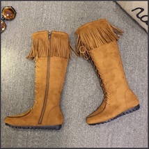 Tassel Fringe Suede Camel Faux Leather Lace Up Zip Up Tall Moccasin Trail Boots image 2
