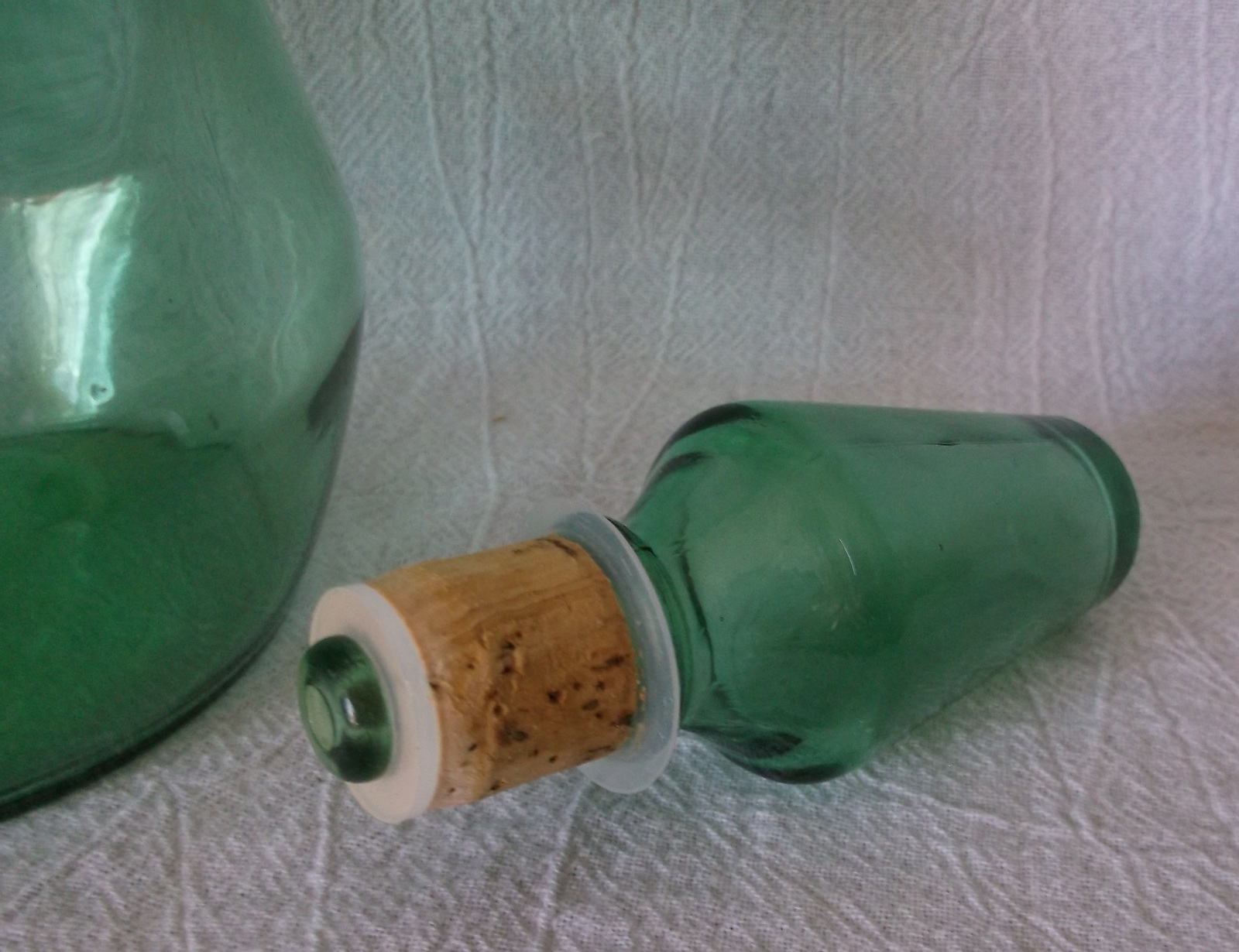 PAIR Mid Century Decanter Genie Bottles Stoppers Teal Green Glass